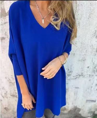 Chemise Longue Tricotée à Col V & Manches Longues