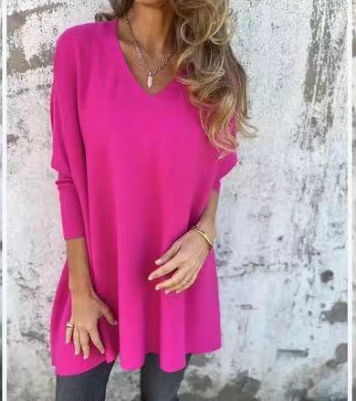 Chemise Longue Tricotée à Col V & Manches Longues