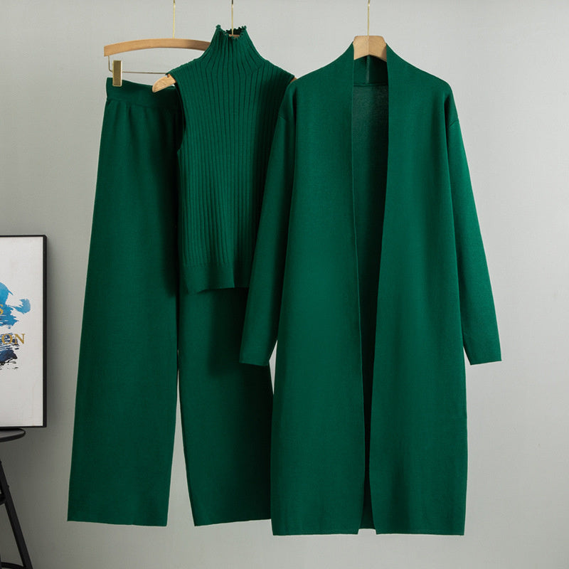 Ensemble Tricot 3 Pièces Gilet, Cardigan Long & Pantalon Wide-Leg