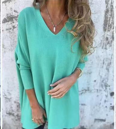 Chemise Longue Tricotée à Col V & Manches Longues